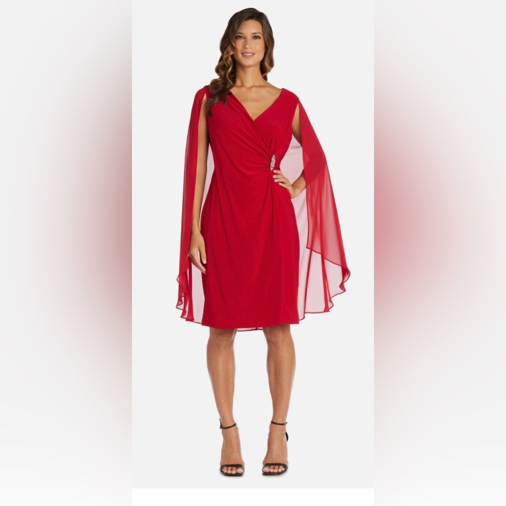 NWT R&M Richards Red duster cape dress. Jersey dress and chiffon attached cape.8